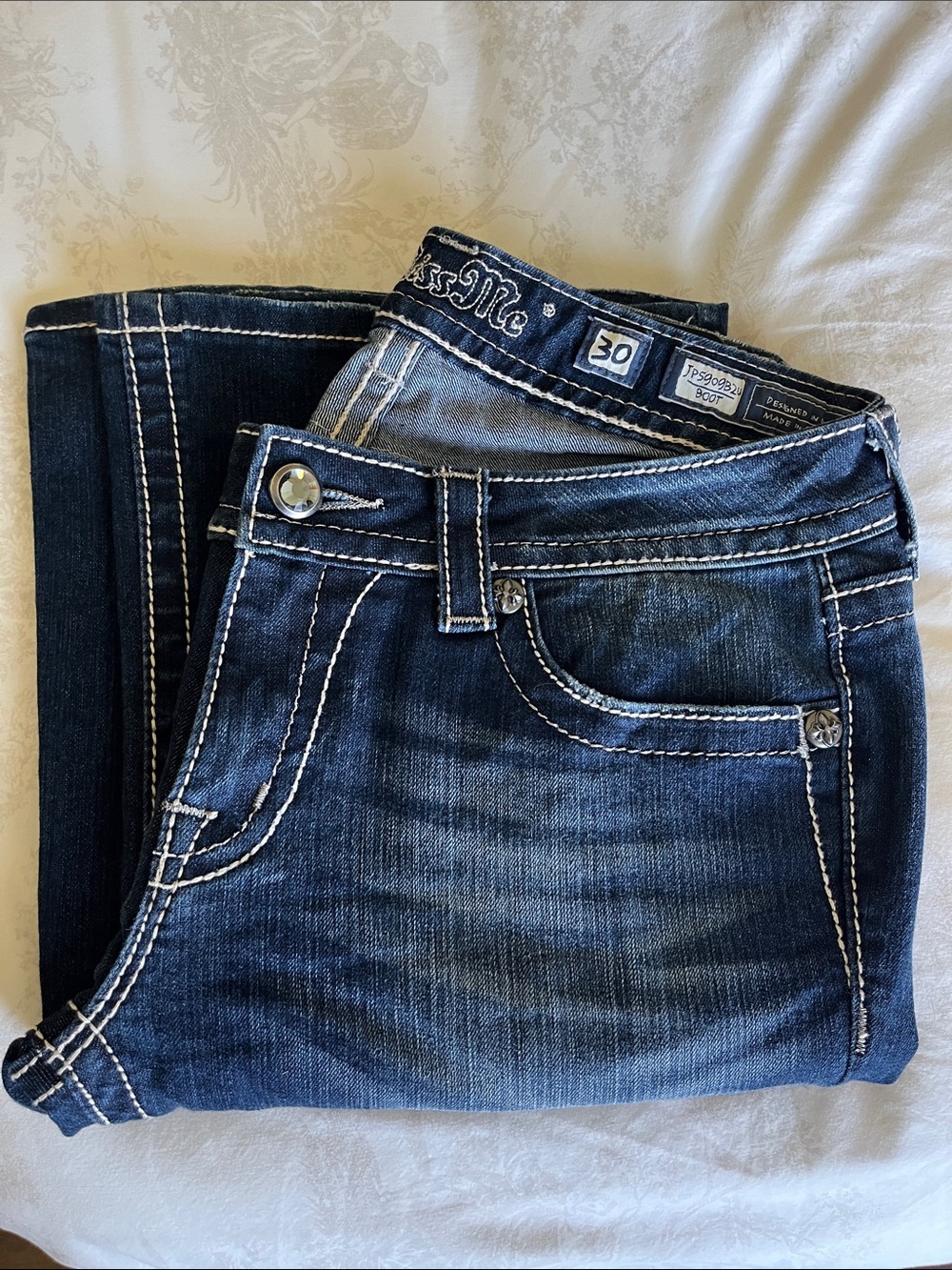 Miss Me Dark Indigo Bootcut Jeans with White Contrast Stitching Size 30wx36”leg